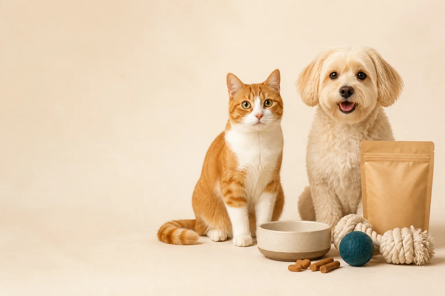 A cat and dog with pet food, bowl and toys